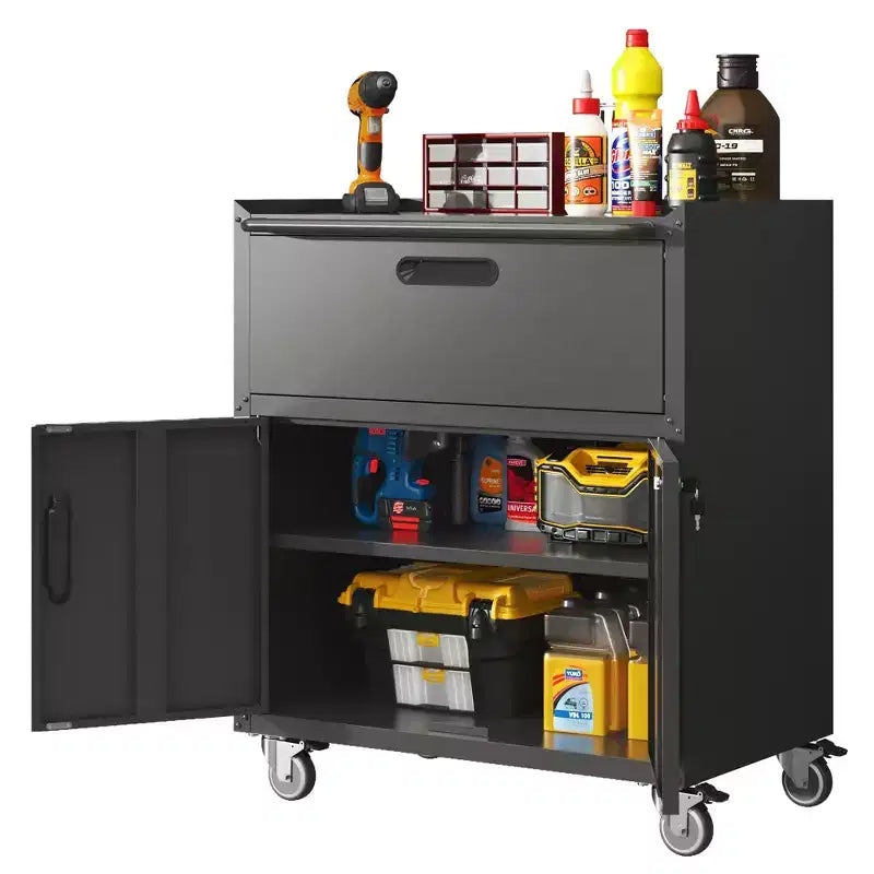 35 Rolling Steel Tool Cabinet - Heavy-Duty Metal Storage with Top Fence, Locking Casters & Adjustable Shelf for Garage & Workshop, Black