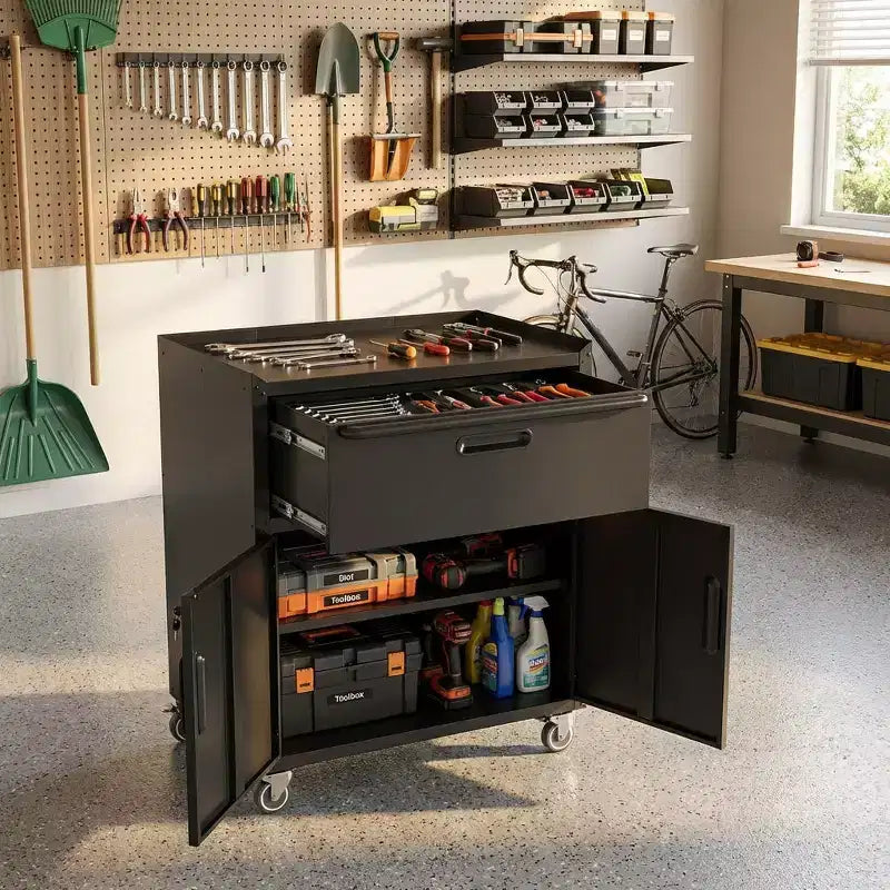 35 Rolling Steel Tool Cabinet - Heavy-Duty Metal Storage with Top Fence, Locking Casters & Adjustable Shelf for Garage & Workshop, Black