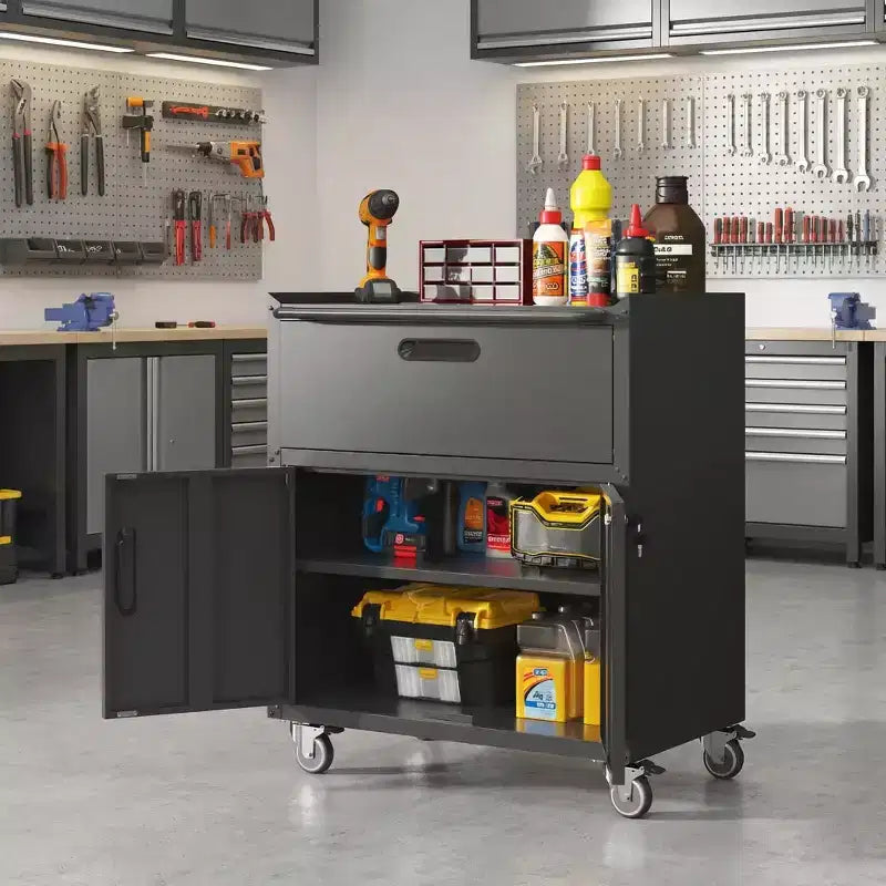 35 Rolling Steel Tool Cabinet - Heavy-Duty Metal Storage with Top Fence, Locking Casters & Adjustable Shelf for Garage & Workshop, Black