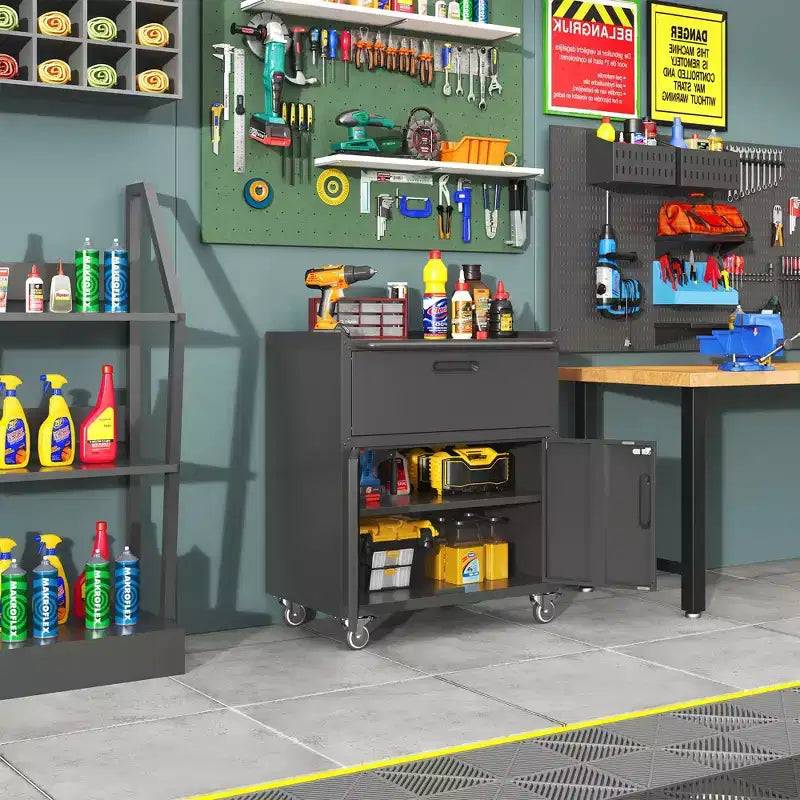 35 Rolling Steel Tool Cabinet - Heavy-Duty Metal Storage with Top Fence, Locking Casters & Adjustable Shelf for Garage & Workshop, Black
