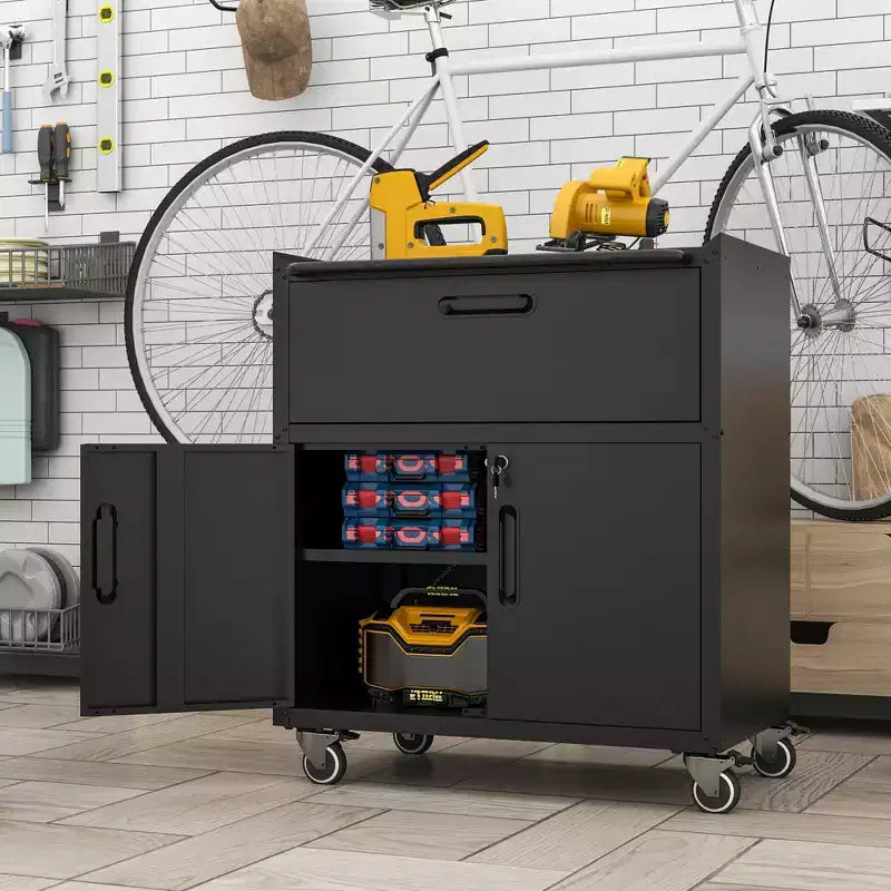 35 Rolling Steel Tool Cabinet - Heavy-Duty Metal Storage with Top Fence, Locking Casters & Adjustable Shelf for Garage & Workshop, Black