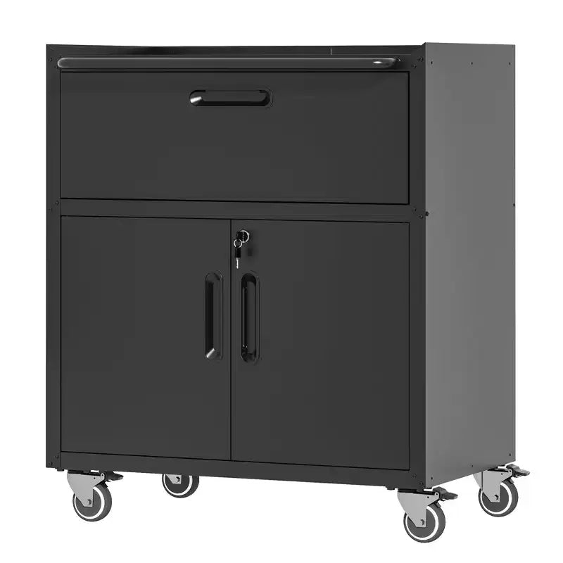 35 Rolling Steel Tool Cabinet - Heavy-Duty Metal Storage with Top Fence, Locking Casters & Adjustable Shelf for Garage & Workshop, Black