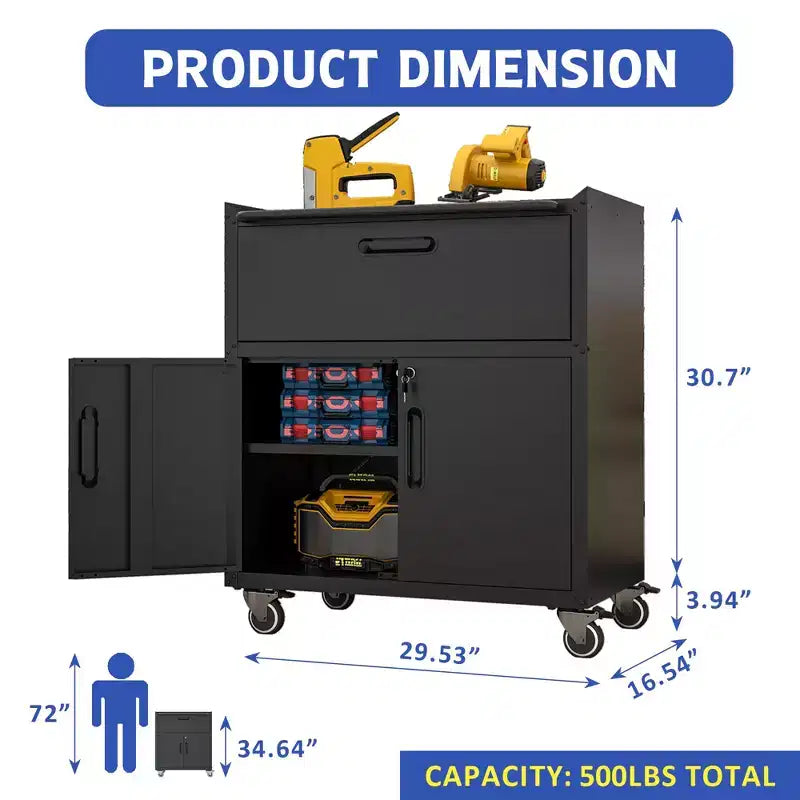 35 Rolling Steel Tool Cabinet - Heavy-Duty Metal Storage with Top Fence, Locking Casters & Adjustable Shelf for Garage & Workshop, Black
