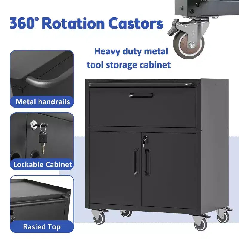 35 Rolling Steel Tool Cabinet - Heavy-Duty Metal Storage with Top Fence, Locking Casters & Adjustable Shelf for Garage & Workshop, Black