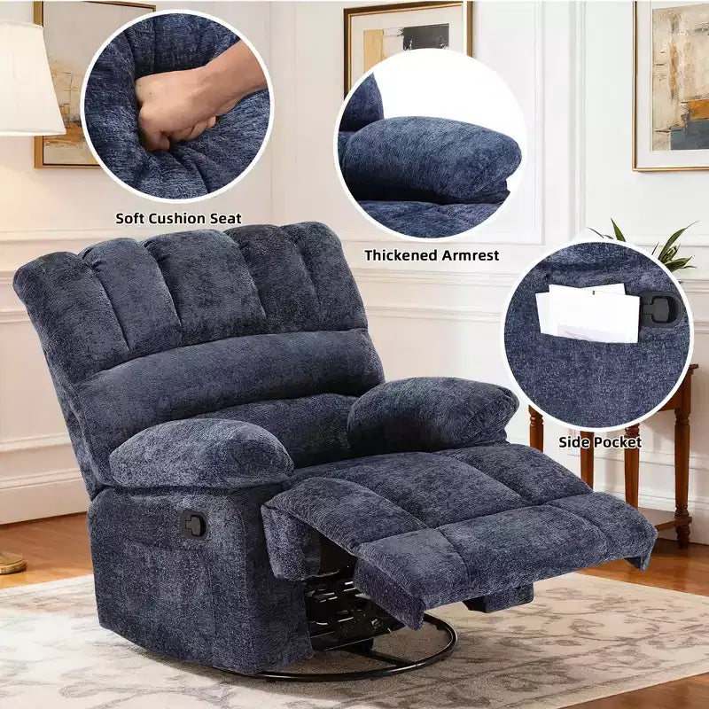 Blue Oversized Swivel Rocker Recliner Sofa for Adults, Chenille, Perfect for Living Room