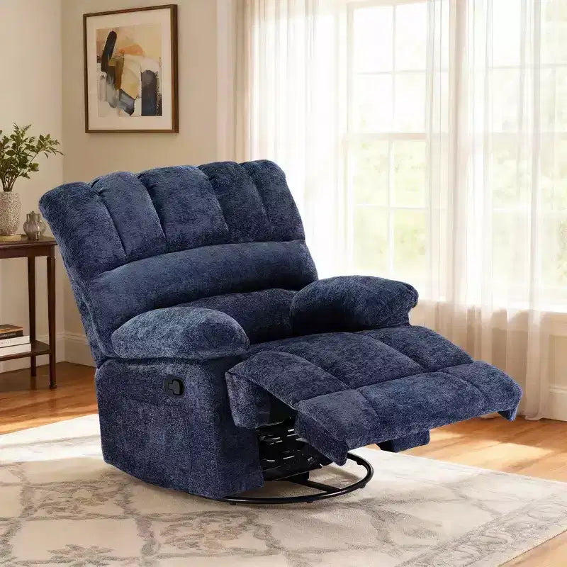 Blue Oversized Swivel Rocker Recliner Sofa for Adults, Chenille, Perfect for Living Room