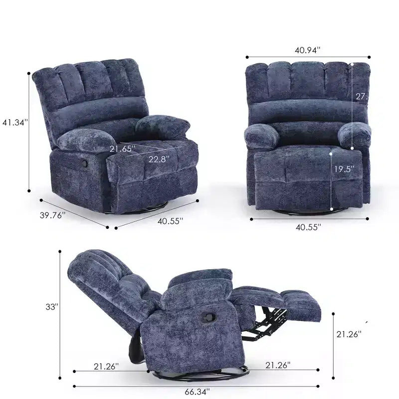 Blue Oversized Swivel Rocker Recliner Sofa for Adults, Chenille, Perfect for Living Room