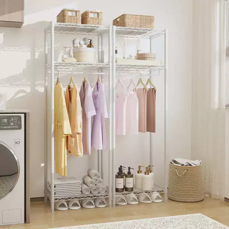 Metal Clothes Rack with Adjustable Shelves, Heavy-Duty 660LB Clothing Organizer for Bedroom, Laundry & Living Room, White