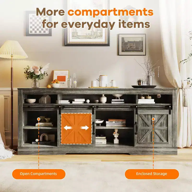 Farmhouse TV Console Table for 75 Television, Entertainment Center with Semi-Open Top Storage,Adjustable Shelf & Sliding Doors,Media TV Table Cabinet