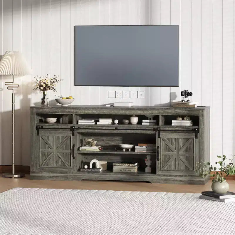 Farmhouse TV Console Table for 75 Television, Entertainment Center with Semi-Open Top Storage,Adjustable Shelf & Sliding Doors,Media TV Table Cabinet
