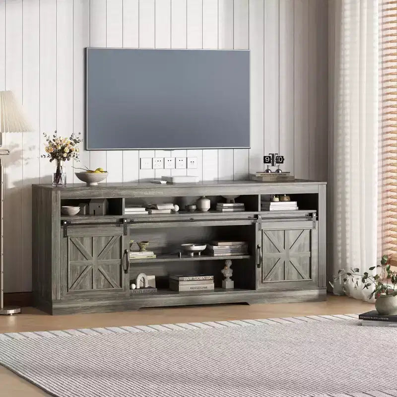 Farmhouse TV Console Table for 75 Television, Entertainment Center with Semi-Open Top Storage,Adjustable Shelf & Sliding Doors,Media TV Table Cabinet