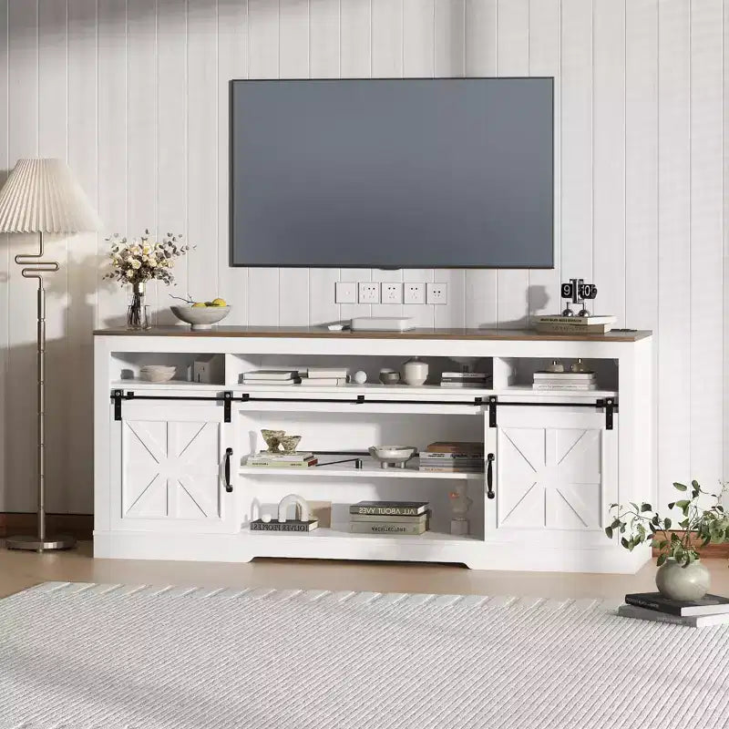 Farmhouse TV Console Table for 75 Television, Entertainment Center with Semi-Open Top Storage,Adjustable Shelf & Sliding Doors,Media TV Table Cabinet
