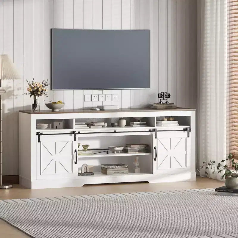 Farmhouse TV Console Table for 75 Television, Entertainment Center with Semi-Open Top Storage,Adjustable Shelf & Sliding Doors,Media TV Table Cabinet