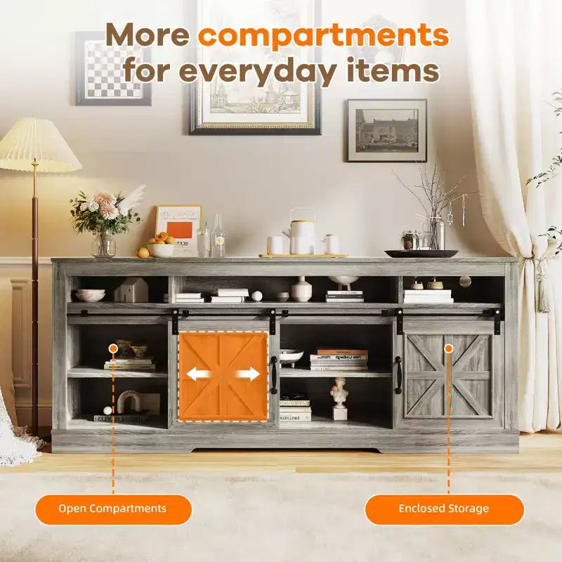 Farmhouse TV Console Table for 75 Television, Entertainment Center with Semi-Open Top Storage,Adjustable Shelf & Sliding Doors,Media TV Table Cabinet