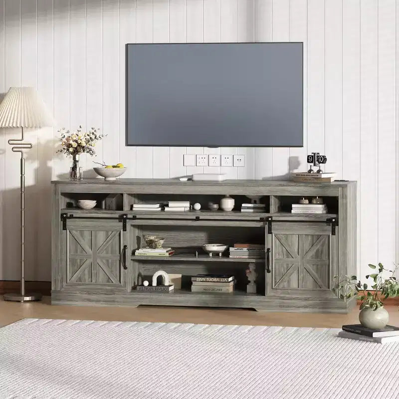 Farmhouse TV Console Table for 75 Television, Entertainment Center with Semi-Open Top Storage,Adjustable Shelf & Sliding Doors,Media TV Table Cabinet