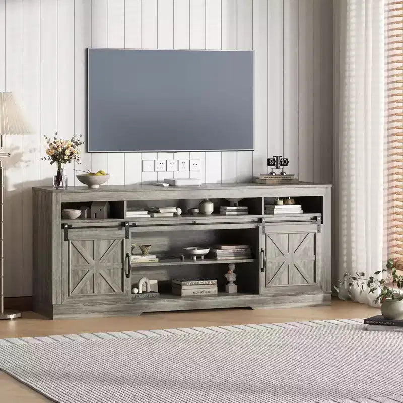 Farmhouse TV Console Table for 75 Television, Entertainment Center with Semi-Open Top Storage,Adjustable Shelf & Sliding Doors,Media TV Table Cabinet