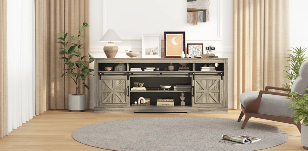 Farmhouse TV Console Table for 75 Television, Entertainment Center with Semi-Open Top Storage,Adjustable Shelf & Sliding Doors,Media TV Table Cabinet