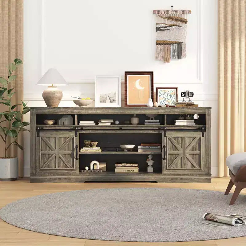 Farmhouse TV Console Table for 75 Television, Entertainment Center with Semi-Open Top Storage,Adjustable Shelf & Sliding Doors,Media TV Table Cabinet