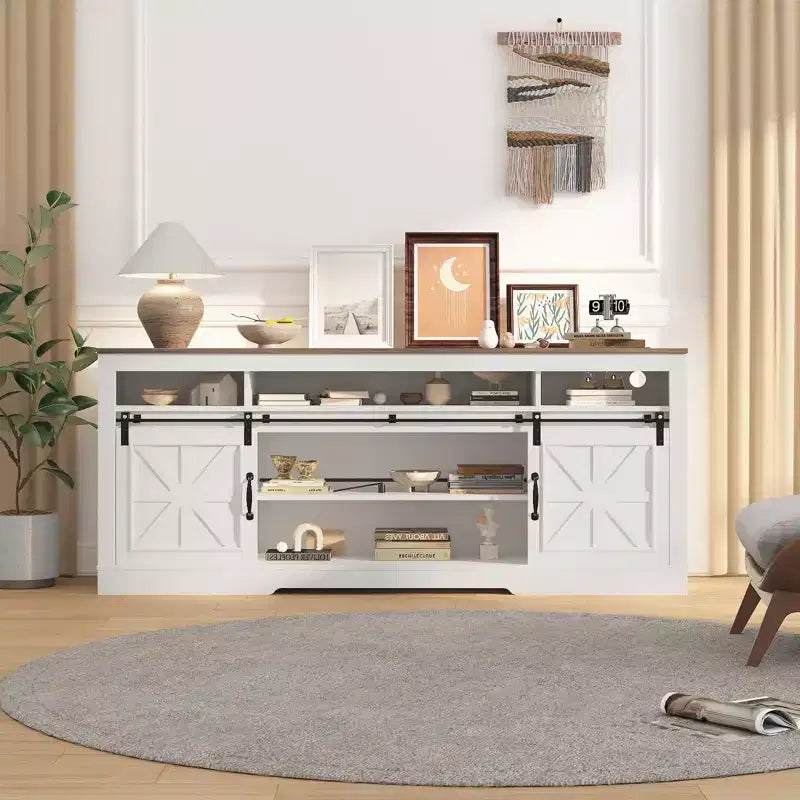 Farmhouse TV Console Table for 75 Television, Entertainment Center with Semi-Open Top Storage,Adjustable Shelf & Sliding Doors,Media TV Table Cabinet