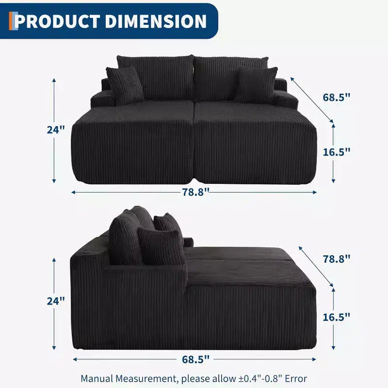 78 Inch Cloud-Like Chaise Loveseat Oversized Corduroy Upholstered Sleeper Chair for Living Room, No Assembly