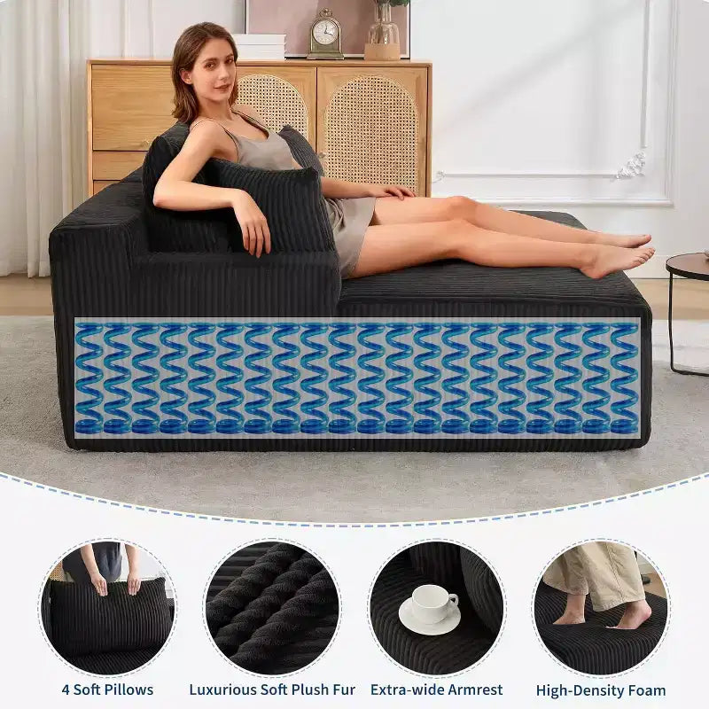 78 Inch Cloud-Like Chaise Loveseat Oversized Corduroy Upholstered Sleeper Chair for Living Room, No Assembly