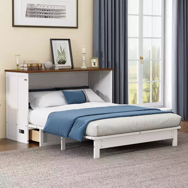Modern Wooden Murphy Bed Chest with Charging Station and Large Storage Drawers