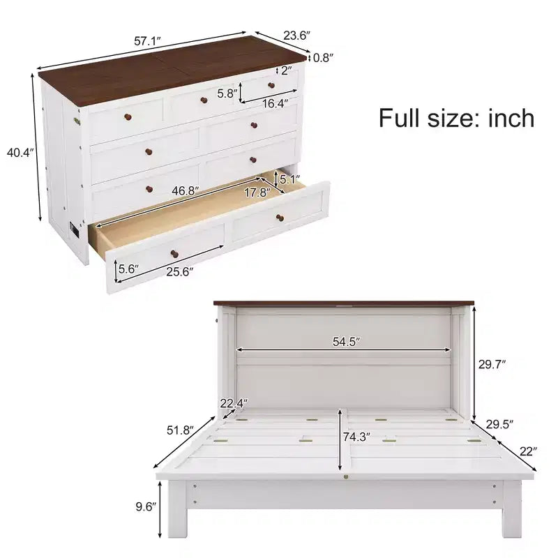 Modern Wooden Murphy Bed Chest with Charging Station and Large Storage Drawers