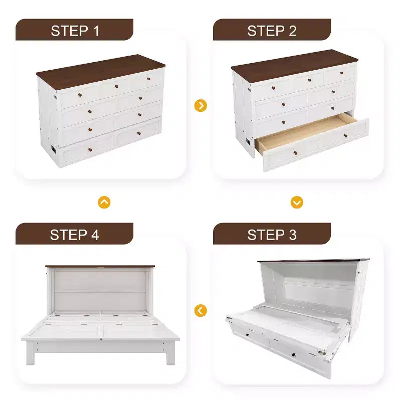 Modern Wooden Murphy Bed Chest with Charging Station and Large Storage Drawers