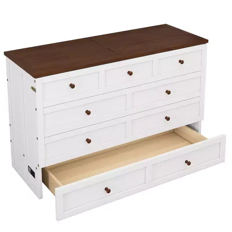 Modern Wooden Murphy Bed Chest with Charging Station and Large Storage Drawers