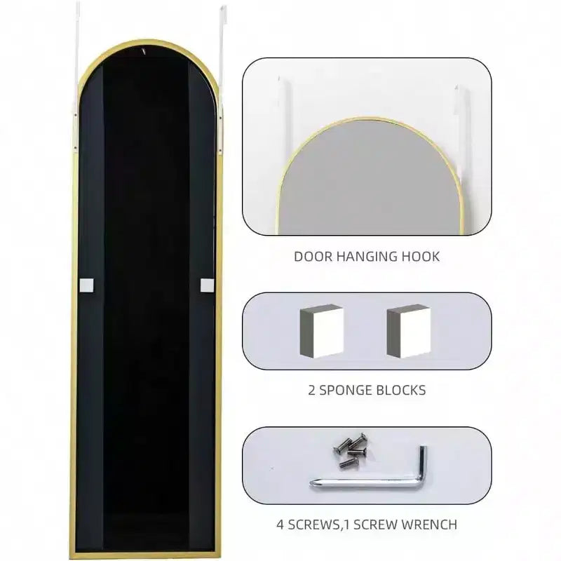 Gold Arched Full Length Mirror, 48x14 Inch. Shatter-Proof, Aluminum Frame for Over-Door or Wall Mount in Any Room