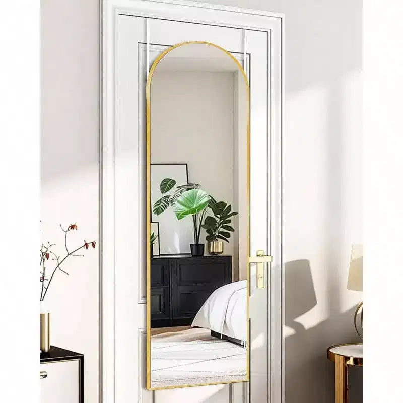 Gold Arched Full Length Mirror, 48x14 Inch. Shatter-Proof, Aluminum Frame for Over-Door or Wall Mount in Any Room