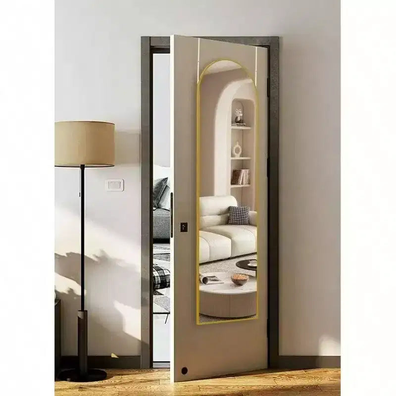 Gold Arched Full Length Mirror, 48x14 Inch. Shatter-Proof, Aluminum Frame for Over-Door or Wall Mount in Any Room