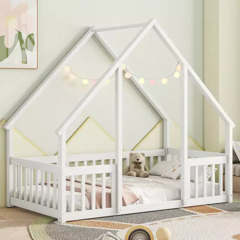 Modern Wooden House-Shaped Floor Bed with Fence and Guardrails