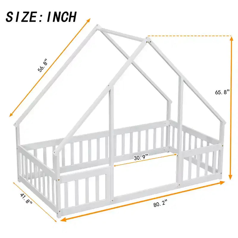 Modern Wooden House-Shaped Floor Bed with Fence and Guardrails
