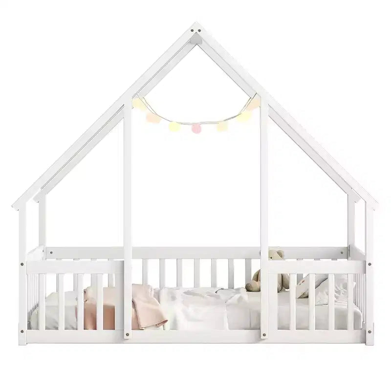Modern Wooden House-Shaped Floor Bed with Fence and Guardrails
