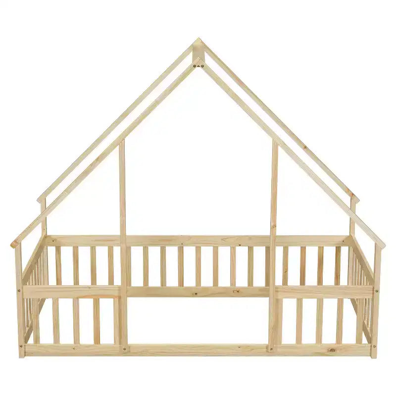 Modern Wooden House-Shaped Floor Bed with Fence and Guardrails