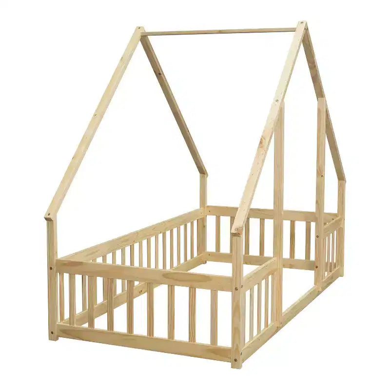 Modern Wooden House-Shaped Floor Bed with Fence and Guardrails