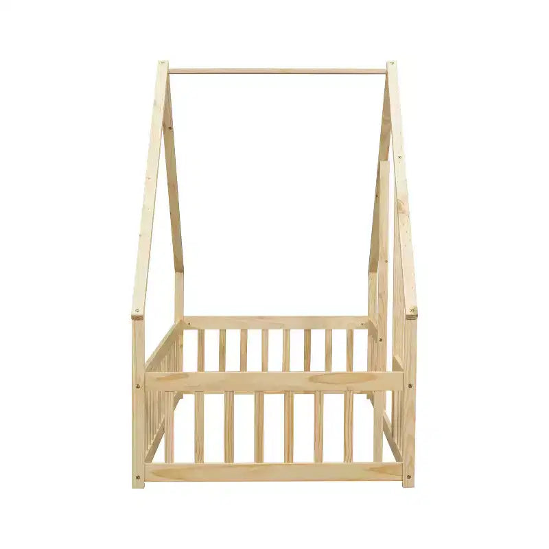 Modern Wooden House-Shaped Floor Bed with Fence and Guardrails