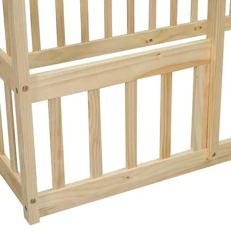 Modern Wooden House-Shaped Floor Bed with Fence and Guardrails
