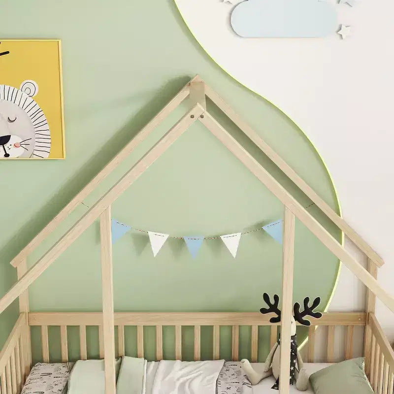 Modern Wooden House-Shaped Floor Bed with Fence and Guardrails