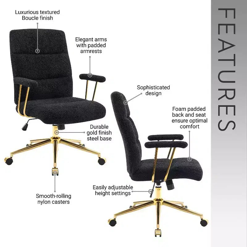 Modern Textured Boucle Fabric Home Office Chair with Gold Leg,Height Adjustable Swivel Task Chairs for Office,Study