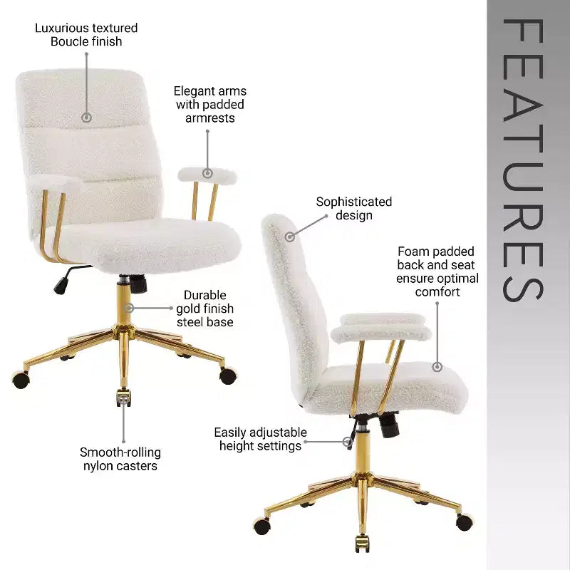 Modern Textured Boucle Fabric Home Office Chair with Gold Leg,Height Adjustable Swivel Task Chairs for Office,Study