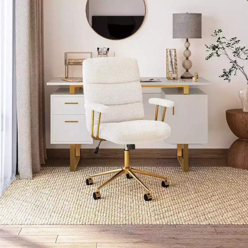 Modern Textured Boucle Fabric Home Office Chair with Gold Leg,Height Adjustable Swivel Task Chairs for Office,Study
