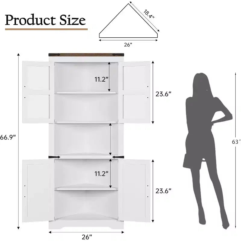 Rustic Farmhouse Tall Corner Cabinet,18.4x26x67with Glass Doors & Adjustable Shelves,Corner Storage for Kitchen,Living Room,Bathroom,Laundry Room
