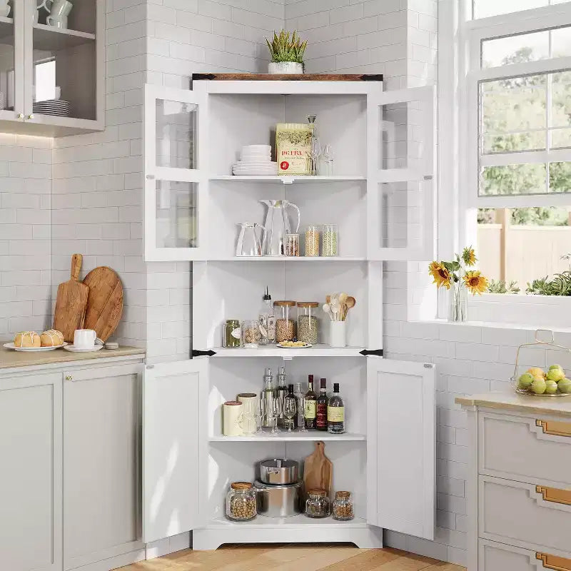 Rustic Farmhouse Tall Corner Cabinet,18.4x26x67with Glass Doors & Adjustable Shelves,Corner Storage for Kitchen,Living Room,Bathroom,Laundry Room