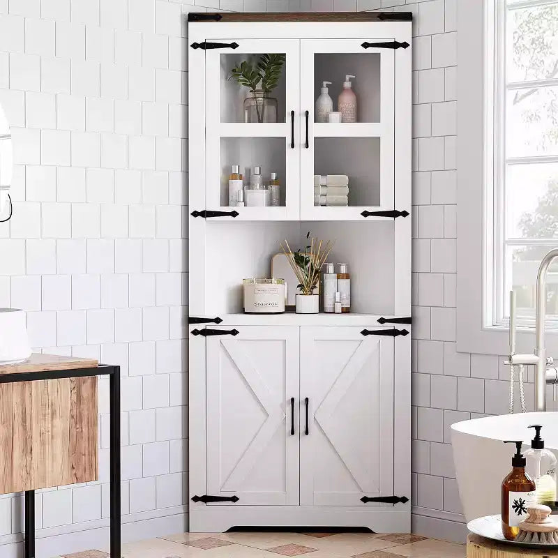 Rustic Farmhouse Tall Corner Cabinet,18.4x26x67with Glass Doors & Adjustable Shelves,Corner Storage for Kitchen,Living Room,Bathroom,Laundry Room