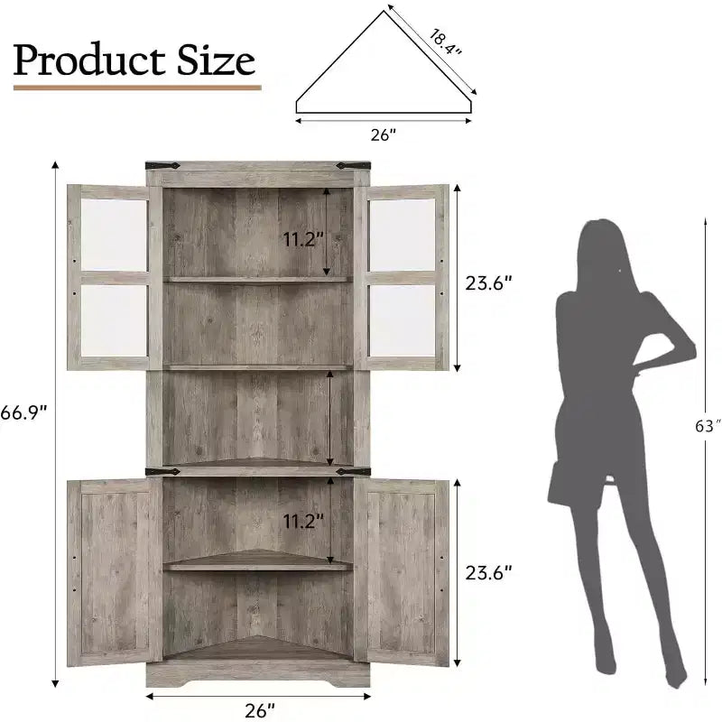 Rustic Farmhouse Tall Corner Cabinet,18.4x26x67with Glass Doors & Adjustable Shelves,Corner Storage for Kitchen,Living Room,Bathroom,Laundry Room