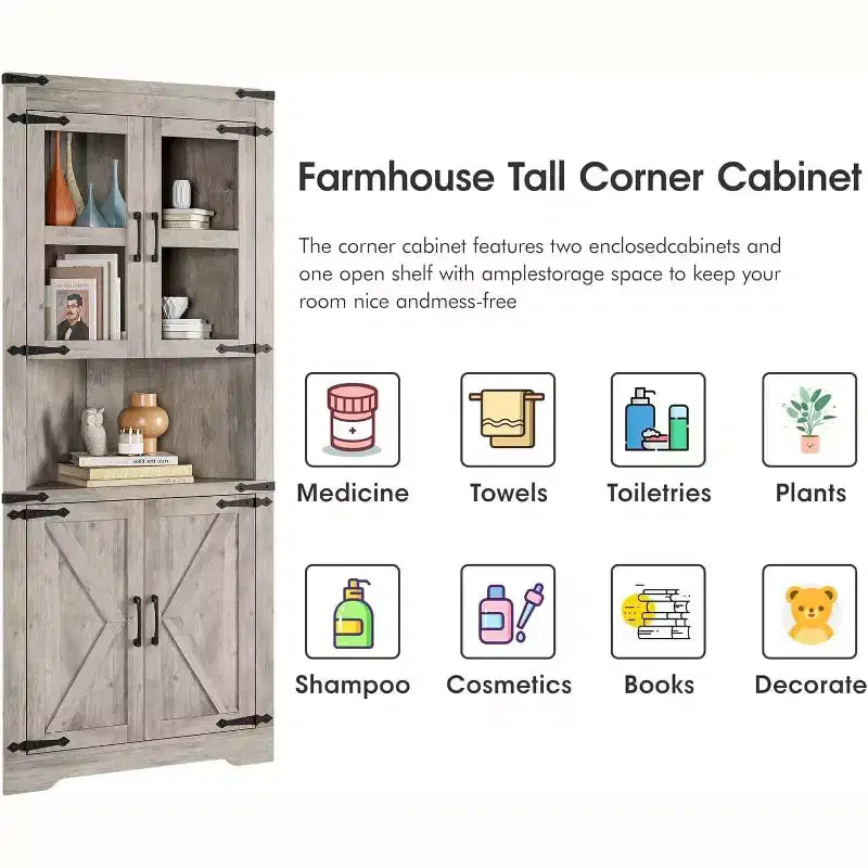 Rustic Farmhouse Tall Corner Cabinet,18.4x26x67with Glass Doors & Adjustable Shelves,Corner Storage for Kitchen,Living Room,Bathroom,Laundry Room