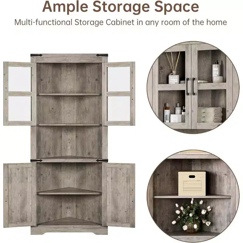 Rustic Farmhouse Tall Corner Cabinet,18.4x26x67with Glass Doors & Adjustable Shelves,Corner Storage for Kitchen,Living Room,Bathroom,Laundry Room