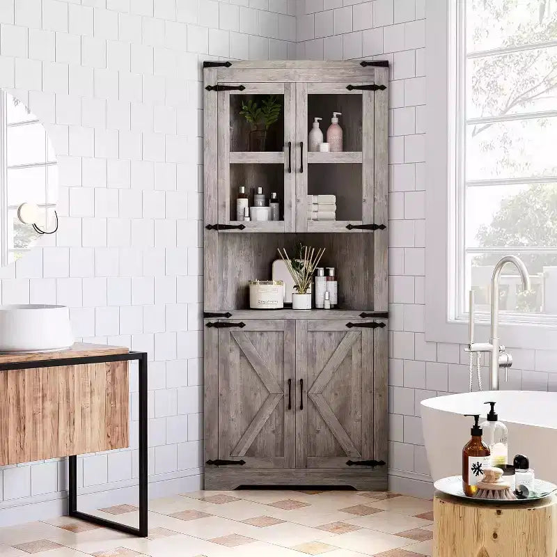 Rustic Farmhouse Tall Corner Cabinet,18.4x26x67with Glass Doors & Adjustable Shelves,Corner Storage for Kitchen,Living Room,Bathroom,Laundry Room